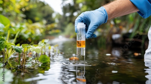 A gloved hand dips a test tube into a river to collect a water sample surrounded by green plants, highlighting a scientific inquiry in a natural setting.