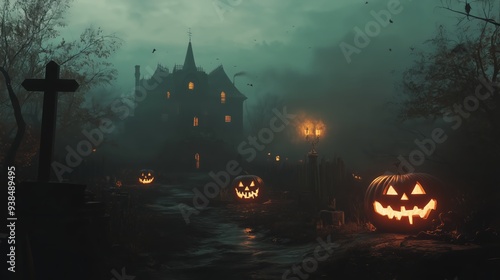 Halloween pumpkin with glowing eyes and cauldrons, Halloween festive atmosphere, glowing city lights, mystical forest with castle, carnival background