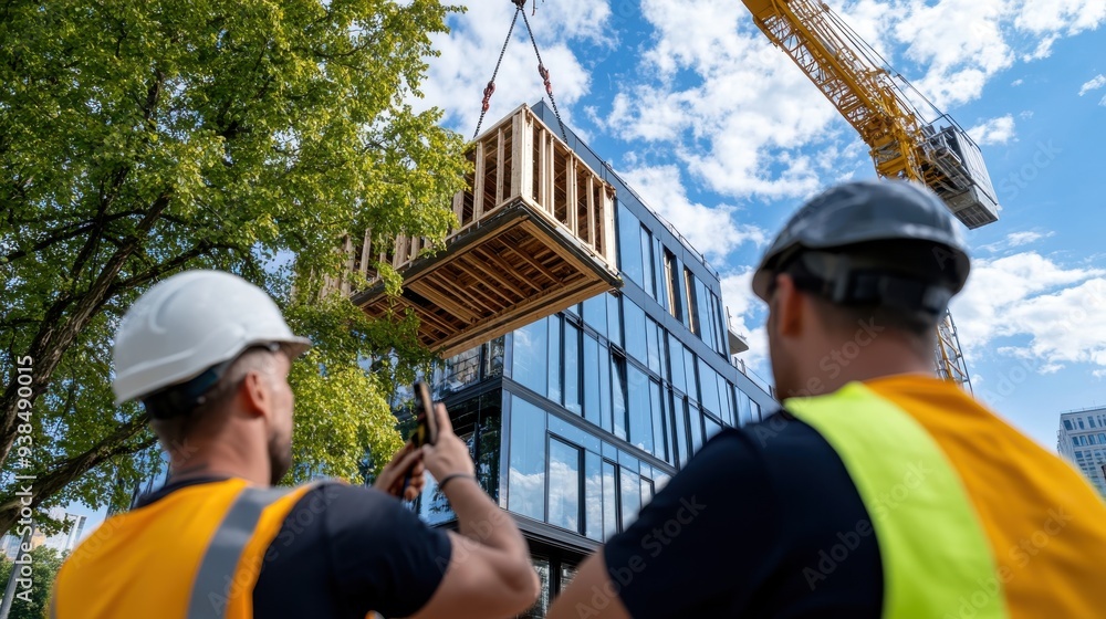 A construction crane hoisting a large structure while workers in safety vests and helmets supervise from below, illustrating teamwork and industrial efficiency. A construction crane hoisting a large structure while workers in safety vests and helmets supervise from below, illustrating teamwork and industrial efficiency.