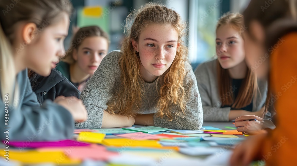 Fototapeta premium Creative ideas with students brainstorming and working together in a colorful classroom, surrounded by inspiration and enthusiasm, Educational, Bright, High Energy