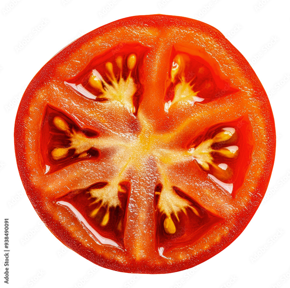 PNG Freshly sliced tomato reveals vibrant red interior PNG Freshly sliced tomato reveals vibrant red interior