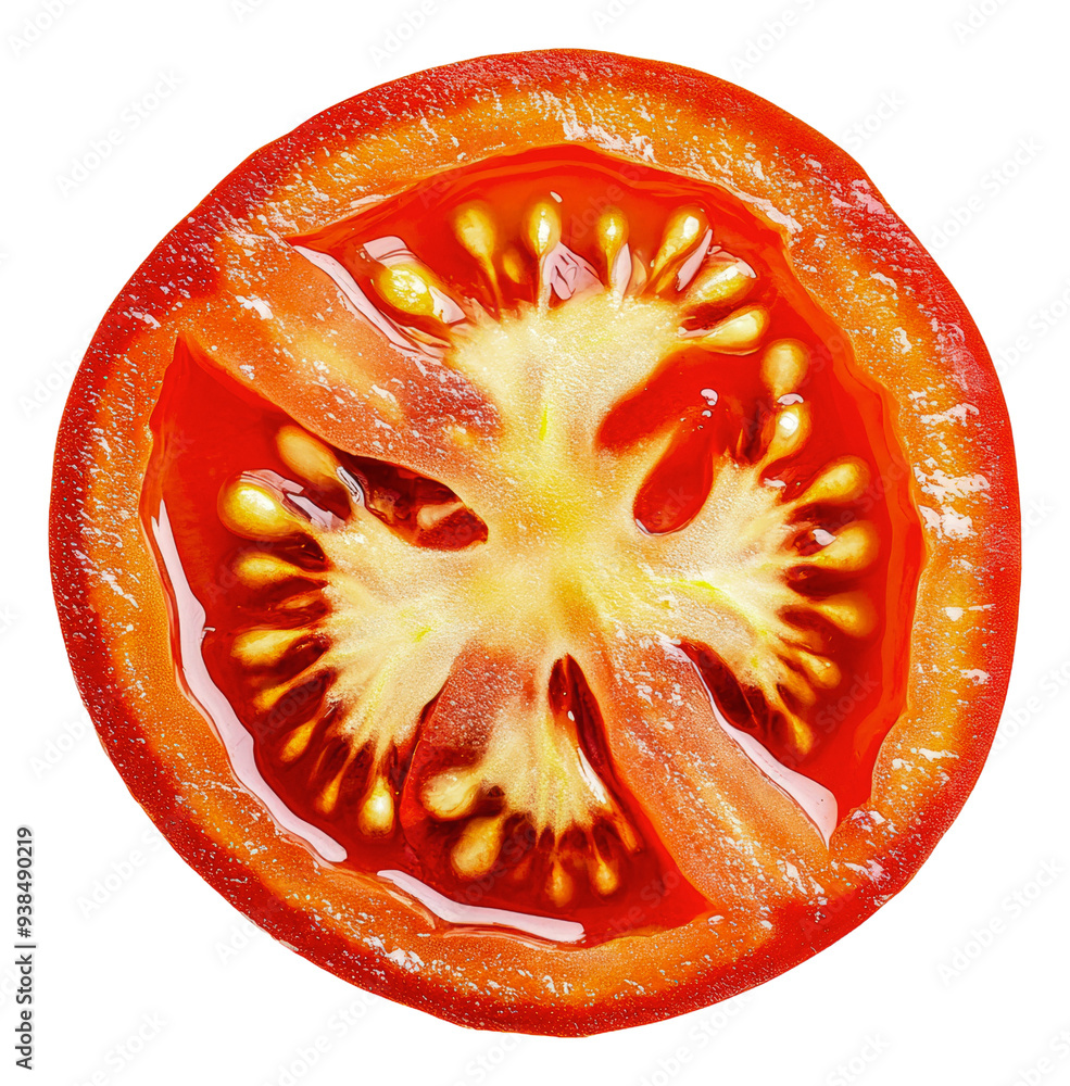 PNG Freshly sliced tomato showcasing vibrant red color PNG Freshly sliced tomato showcasing vibrant red color