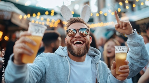 A man is at a lively outdoor party, wearing bunny ears and holding two glasses of beer, expressing joy and celebration amidst a backdrop of festive lights and people. photo