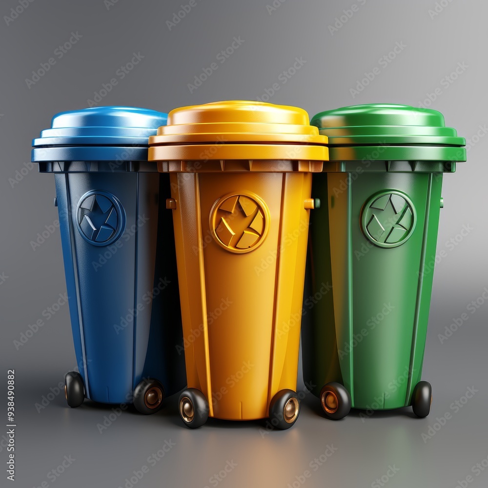 Three recycling bins in blue, yellow, and green with matching lids and recycle symbols on a grey background. Ideal for conveying environmental and sustainability themes. Three recycling bins in blue, yellow, and green with matching lids and recycle symbols on a grey background. Ideal for conveying environmental and sustainability themes.