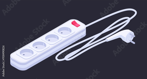 Isometric extension cord. Household multi socket, electric power outlet plug with different ports connectors 3d vector illustration. Electric extension cord