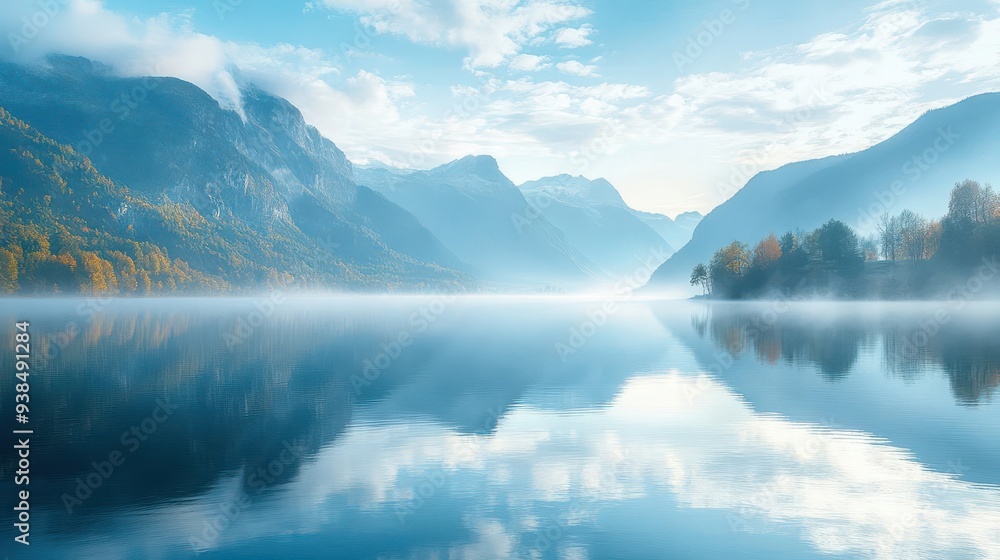 Fototapeta premium Scenic nature view of a tranquil lake surrounded by mountains, with early morning mist rising from the water, Serene, Cool Tones, Wide Angle