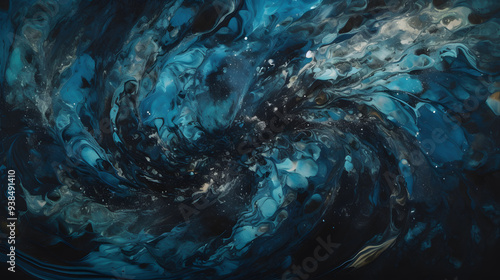 A blue and black abstract background with swirling liquid.