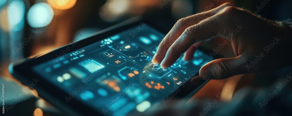 Technology lifestyle with a person using a smart home device, controlling lights, temperature, and security through a tablet, Modern, Cool Tones, Detailed