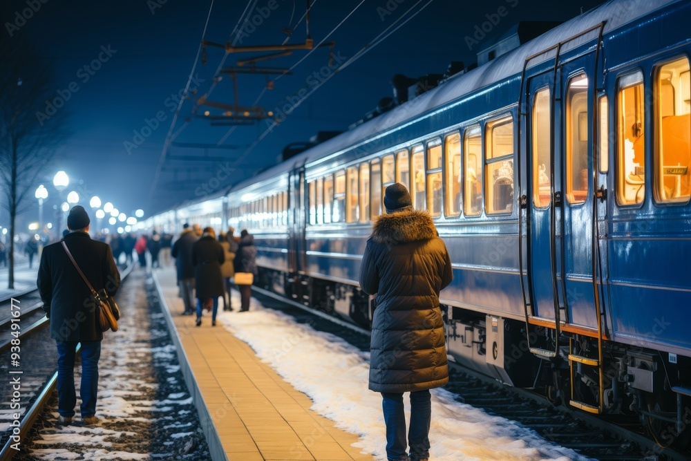 A blue and white train is parked at a snowy train station platform at night. Passengers are walking around, and distant lights are shining, creating a serene winter scene. A blue and white train is parked at a snowy train station platform at night. Passengers are walking around, and distant lights are shining, creating a serene winter scene.