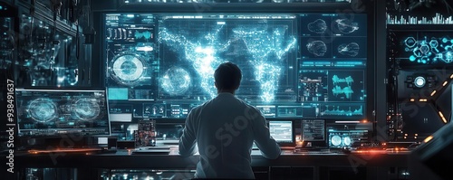 Technology innovation with a scientist working on a new invention, surrounded by futuristic equipment and glowing screens, Futuristic, Cool Tones, Detailed