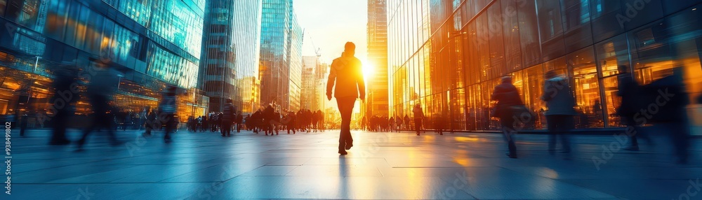 Urban commute with a person walking briskly through a city, surrounded by tall buildings and the energy of the morning rush, Dynamic, Cool Tones, High Energy Urban commute with a person walking briskly through a city, surrounded by tall buildings and the energy of the morning rush, Dynamic, Cool Tones, High Energy