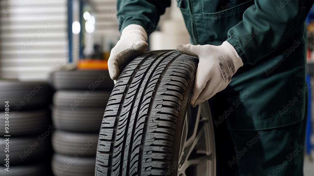自動車修理工場でタイヤを持つ整備士の手元 自動車修理工場でタイヤを持つ整備士の手元