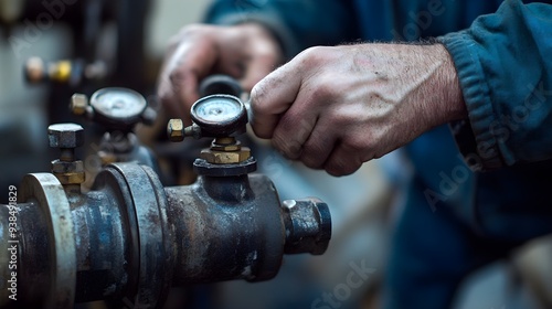 Close-up of a pump operator's hands adjusting valves and levers with focused expression