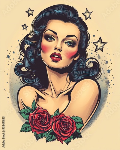 Classic Tattoo-Style Illustration of a Pin-Up Girl with Roses and Stars
