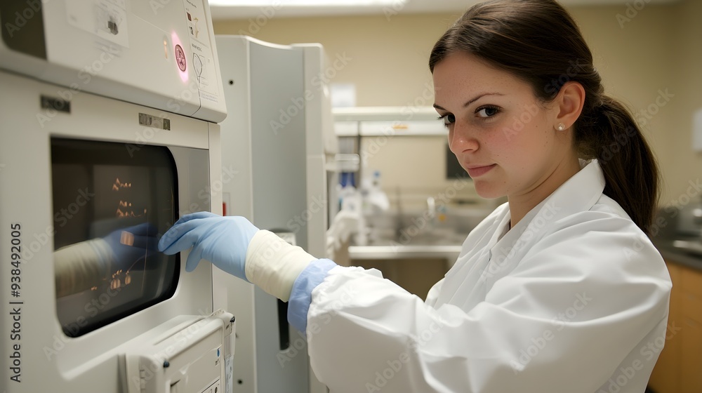 A professional radiation therapist preparing treatment equipment in a clinical setting, focused and attentive A professional radiation therapist preparing treatment equipment in a clinical setting, focused and attentive