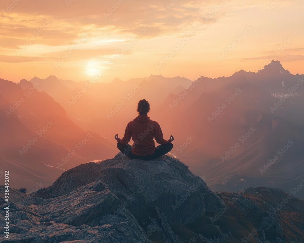 Wellness journey with a person meditating on a mountain top at sunrise, capturing a sense of peace and balance, Serene, Warm Tones, Wide Shot Wellness journey with a person meditating on a mountain top at sunrise, capturing a sense of peace and balance, Serene, Warm Tones, Wide Shot