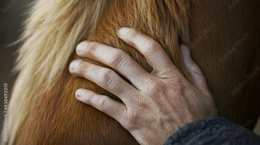 A close-up of a racehorse trainer's hands gently brushing the mane of a horse, showcasing the bond between them A close-up of a racehorse trainer's hands gently brushing the mane of a horse, showcasing the bond between them