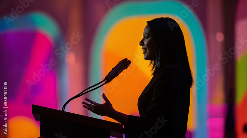 semi silhouette of a young woman at a podium, colorful background photo