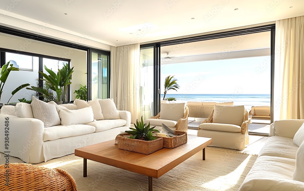 Fototapeta premium Beachside Vacation Home with Spacious Living Area and Ocean View Terrace