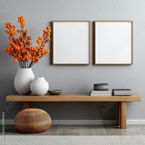 A serene living space with three blank, square picture frames centered on a soft gray wall above a natural wood console. The console is adorned with a simple ceramic vase, a few neatly stacked books,