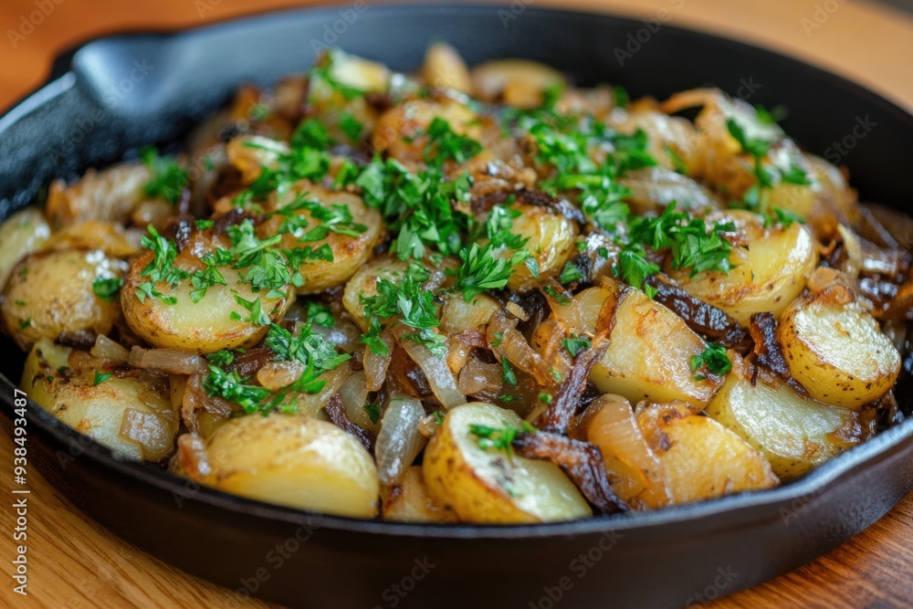Lyonnaise potatoes with caramelized onions and fresh parsley, arranged in a cast-iron skillet Lyonnaise potatoes with caramelized onions and fresh parsley, arranged in a cast-iron skillet