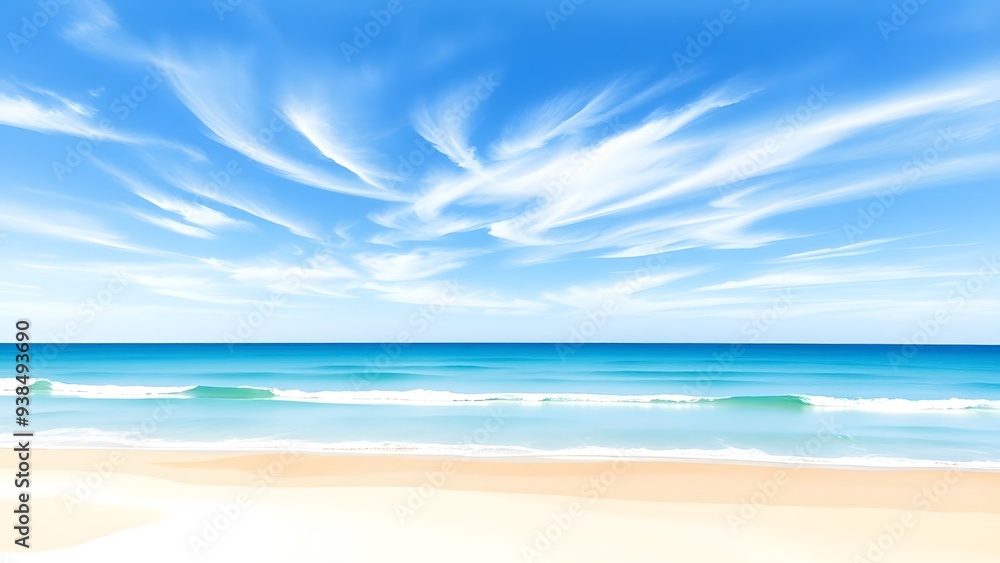 Dreamy Coastal Scene with Delicate Clouds and Gentle Waves - Watercolor Painting Dreamy Coastal Scene with Delicate Clouds and Gentle Waves - Watercolor Painting