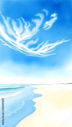 Dreamy Coastal Scene with Delicate Clouds and Gentle Waves - Watercolor Painting