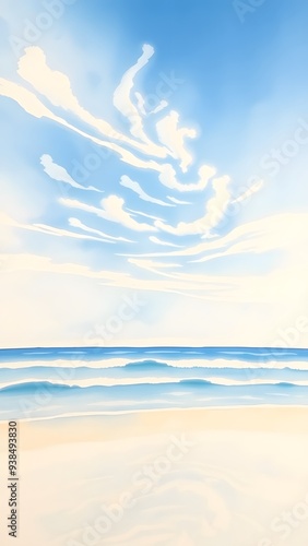 Wallpaper Mural Dreamy Coastal Scene with Delicate Clouds and Gentle Waves - Watercolor Painting Torontodigital.ca