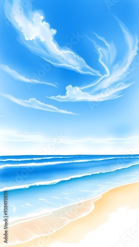 Wallpaper Mural Dreamy Coastal Scene with Delicate Clouds and Gentle Waves - Watercolor Painting Torontodigital.ca