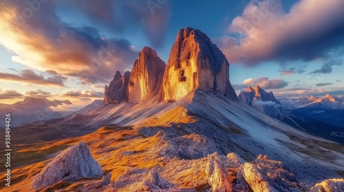 A mighty rocky massif Tre Cime di Lavaredo. Location place Italian Alps, Sexten Dolomiti, South Tyrol, Europe. Photo wallpaper. Popular tourist attraction. Discover the beauty of earth , ai