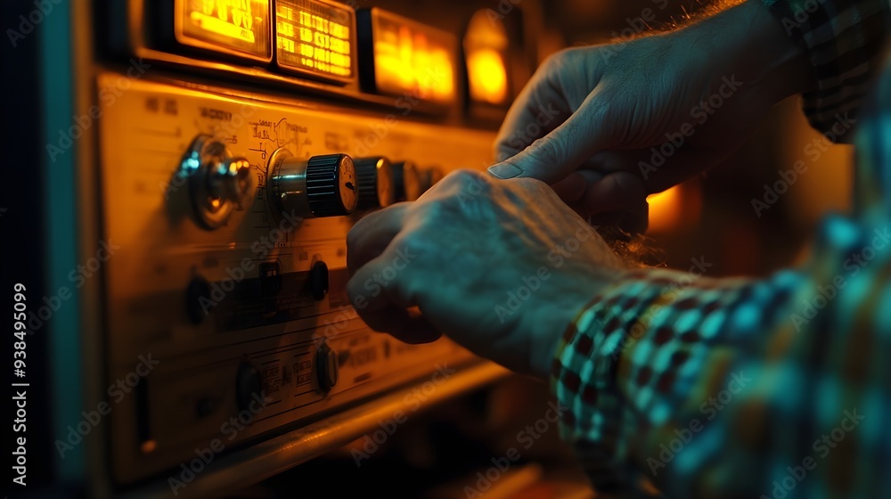 Close-up of a radio mechanic's hands carefully adjusting the tuning dial of a vintage radio, with a blurred light solid color backdrop Close-up of a radio mechanic's hands carefully adjusting the tuning dial of a vintage radio, with a blurred light solid color backdrop