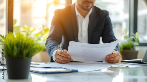 A professional real estate appraiser examining property documents in a bright office setting with a light solid color background photo