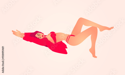 Scarlet Sensuality: A Relaxed and Inviting Pose,  woman lying on ground, colorful, abstract background, glossy, editorial fashion magazine, vivid colors, airbrushed