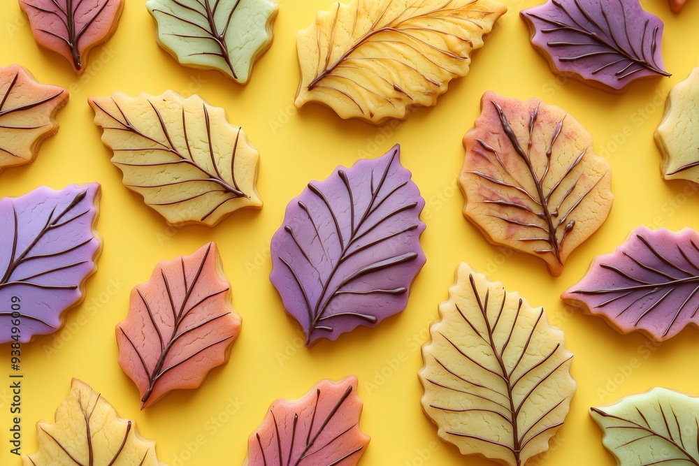 Frosted sugar pastel hues cookies in the shape of autumn leaves, decorated with icing patterns and colors that mimic fall foliage on yellow background Frosted sugar pastel hues cookies in the shape of autumn leaves, decorated with icing patterns and colors that mimic fall foliage on yellow background