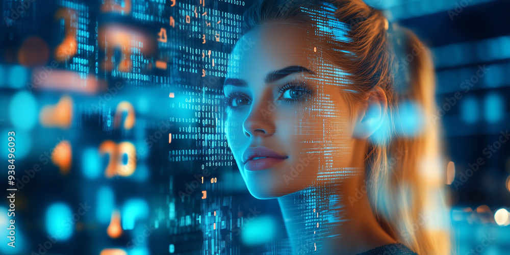 Beautiful female IT specialist analyzing a digital security threat made of future holographic data information, data in the foreground and technology artificial intelligence background concept Beautiful female IT specialist analyzing a digital security threat made of future holographic data information, data in the foreground and technology artificial intelligence background concept