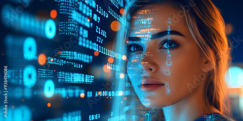 Beautiful female IT specialist analyzing a digital security threat made of future holographic data information, data in the foreground and technology artificial intelligence background concept