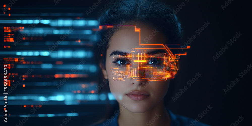 Beautiful female IT specialist analyzing a digital security threat made of future holographic data information, data in the foreground and technology artificial intelligence background concept Beautiful female IT specialist analyzing a digital security threat made of future holographic data information, data in the foreground and technology artificial intelligence background concept