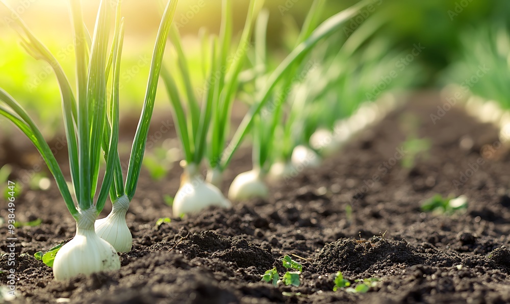 Sunlit Garden with Rows of Fresh Onions and Green Tops in a Gentle Breeze Sunlit Garden with Rows of Fresh Onions and Green Tops in a Gentle Breeze