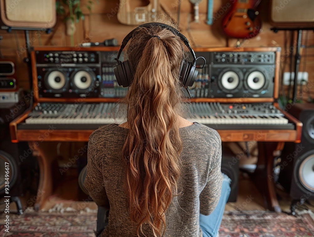 Woman in Music Studio with Headphones and Mixing Console Woman in Music Studio with Headphones and Mixing Console