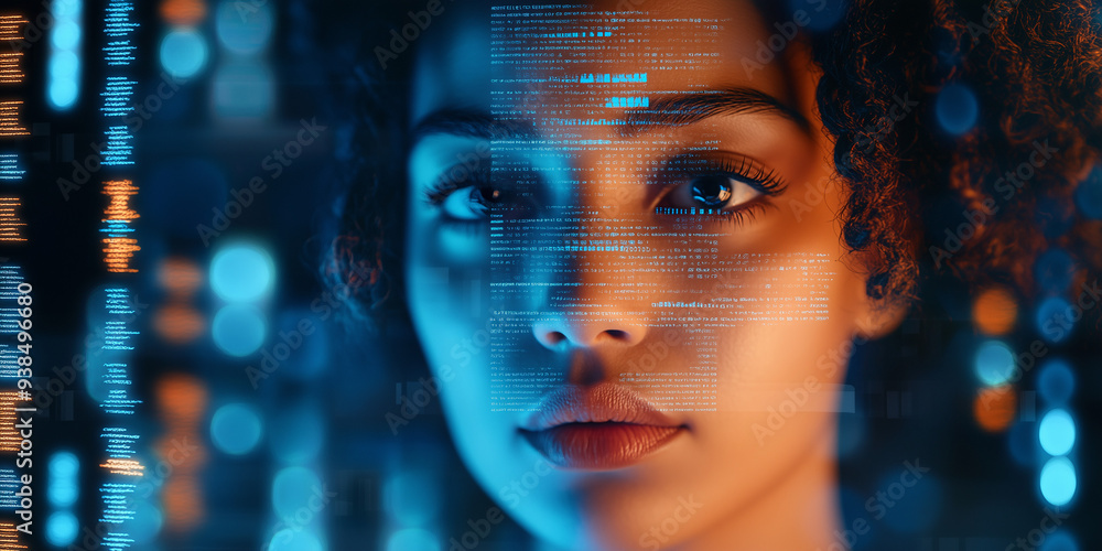 Beautiful female IT specialist analyzing a digital security threat made of future holographic data information, data in the foreground and technology artificial intelligence background concept Beautiful female IT specialist analyzing a digital security threat made of future holographic data information, data in the foreground and technology artificial intelligence background concept