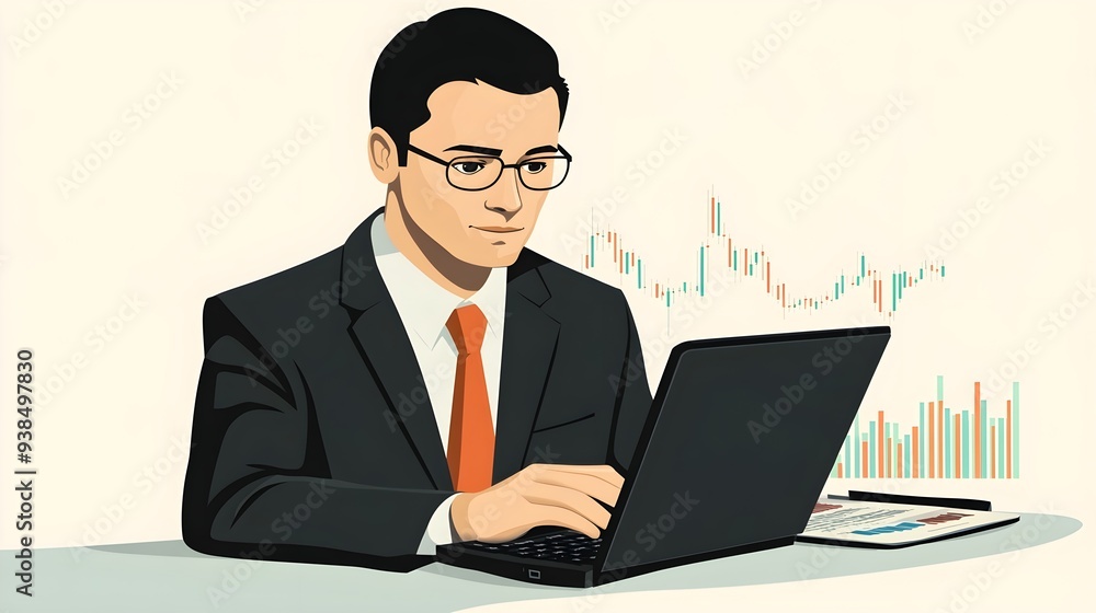 A confident broker analyzing stock market trends on a laptop, with charts displayed on the screen, set against a light solid color background A confident broker analyzing stock market trends on a laptop, with charts displayed on the screen, set against a light solid color background