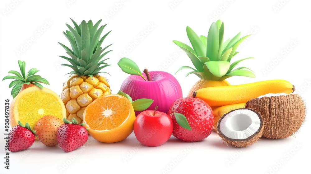3D vibrant cartoon fruits: banana, sugar apple, rose apple, pineapple, strawberry, coconut, orange on a clean white background 3D vibrant cartoon fruits: banana, sugar apple, rose apple, pineapple, strawberry, coconut, orange on a clean white background