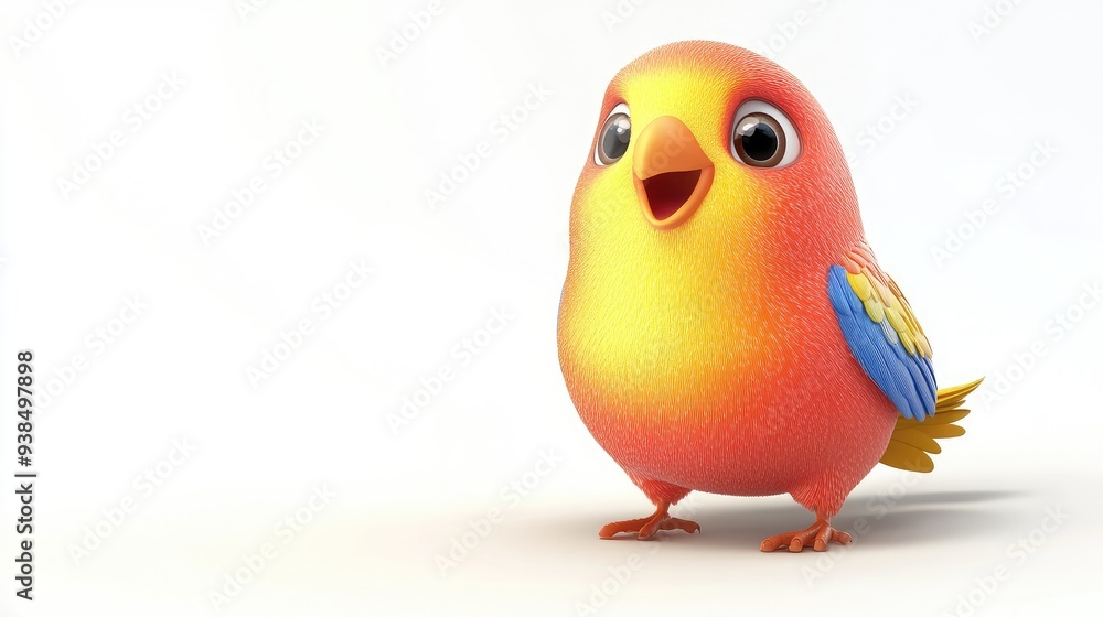 Adorable 3D bird in cartoon style, with bright plumage and a happy expression, set against a clean white background, eye-catching design Adorable 3D bird in cartoon style, with bright plumage and a happy expression, set against a clean white background, eye-catching design