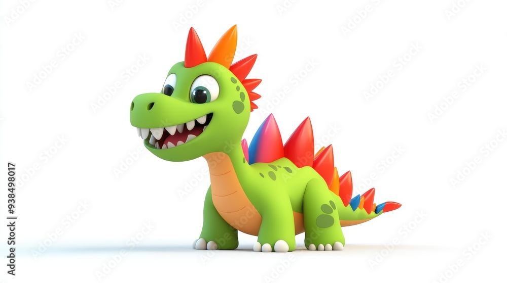 Adorable 3D cartoon dinosaur in a playful pose, with a happy face and colorful spikes, set against a clean white background Adorable 3D cartoon dinosaur in a playful pose, with a happy face and colorful spikes, set against a clean white background