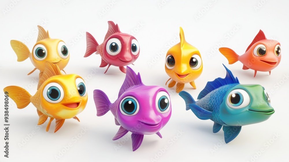 Adorable 3D cartoon fish with big, expressive eyes, in vibrant colors, featuring various characters on a white background Adorable 3D cartoon fish with big, expressive eyes, in vibrant colors, featuring various characters on a white background