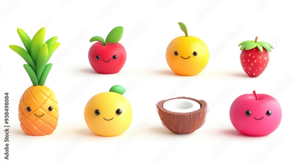 Adorable 3D cartoon fruits: banana, sugar apple, rose apple, pineapple, strawberry, coconut, orange on white background Adorable 3D cartoon fruits: banana, sugar apple, rose apple, pineapple, strawberry, coconut, orange on white background