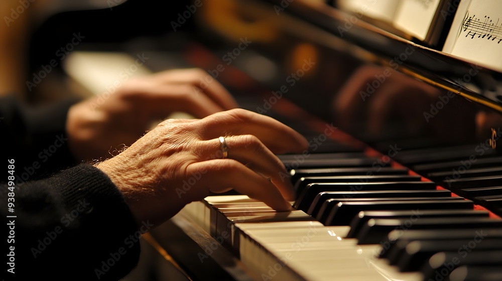 A close-up of a session musician's hands skillfully playing a piano, with sheet music visible in the background A close-up of a session musician's hands skillfully playing a piano, with sheet music visible in the background