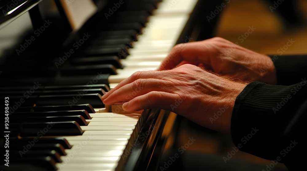 Fototapeta premium A close-up of a session musician's hands skillfully playing a piano, with sheet music visible in the background