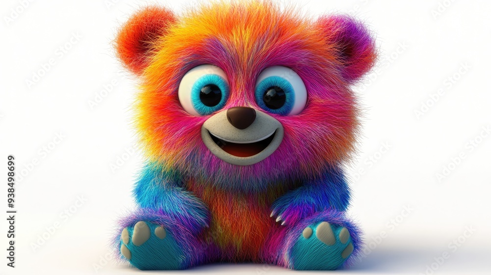 Lively 3D cartoon bear with vibrant fur, big eyes, and a cute expression, set on a white background, perfect for fun designs Lively 3D cartoon bear with vibrant fur, big eyes, and a cute expression, set on a white background, perfect for fun designs
