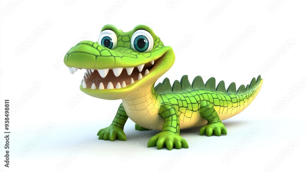 Fototapeta premium Lively 3D cartoon crocodile with vibrant colors, cute expression, and a playful stance, set on a white background, perfect for fun designs
